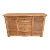 Buffet en rotin courbé vintage, crédence côtière, cabinet en osier, buffet boho
