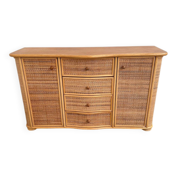 Vintage curved rattan sideboard, coastal credenza, wicker cabinet, boho buffet