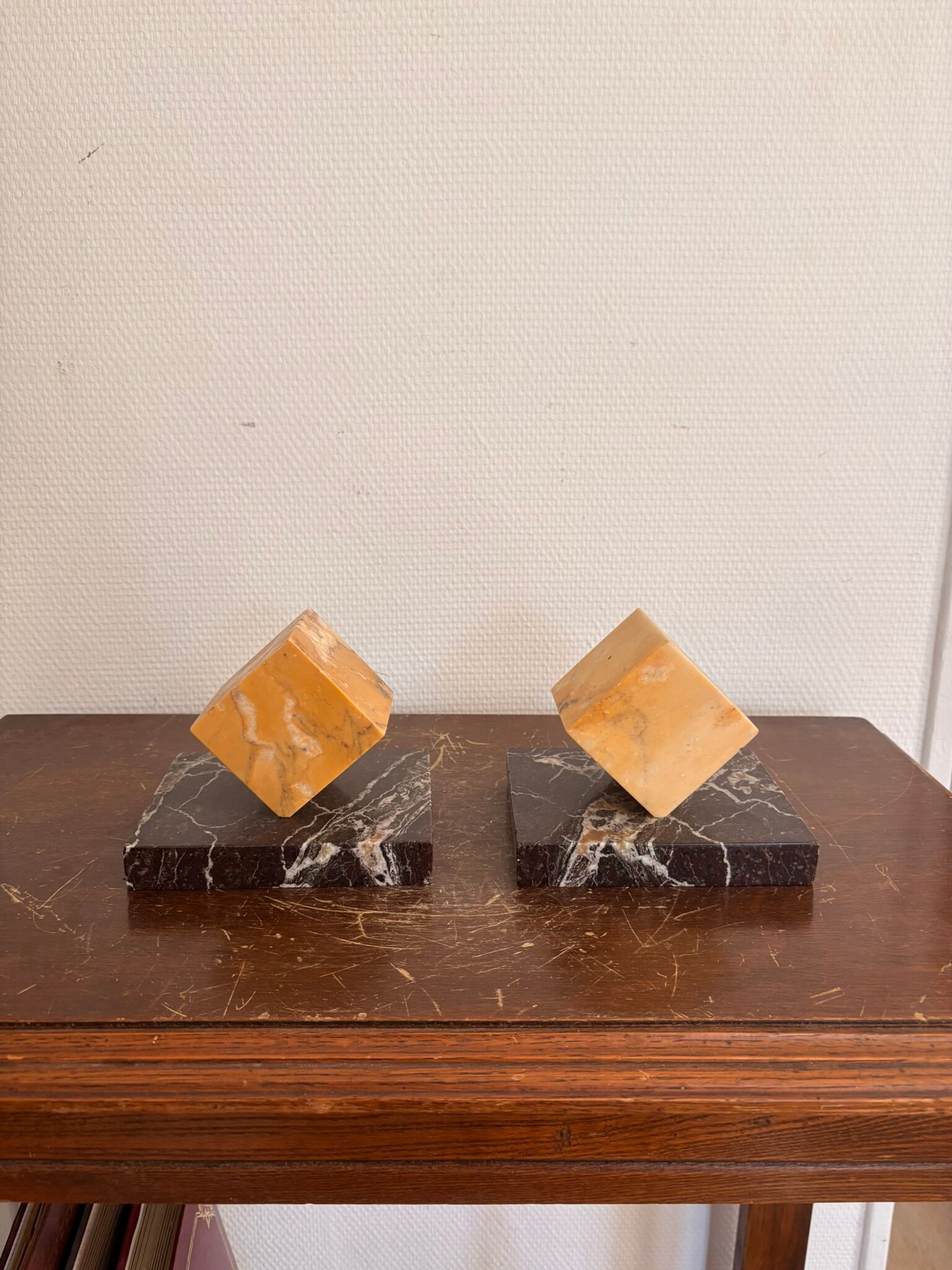 Vintage Pair of Cube Bookends in Yellow Siena Marble Art Deco Circa 1930