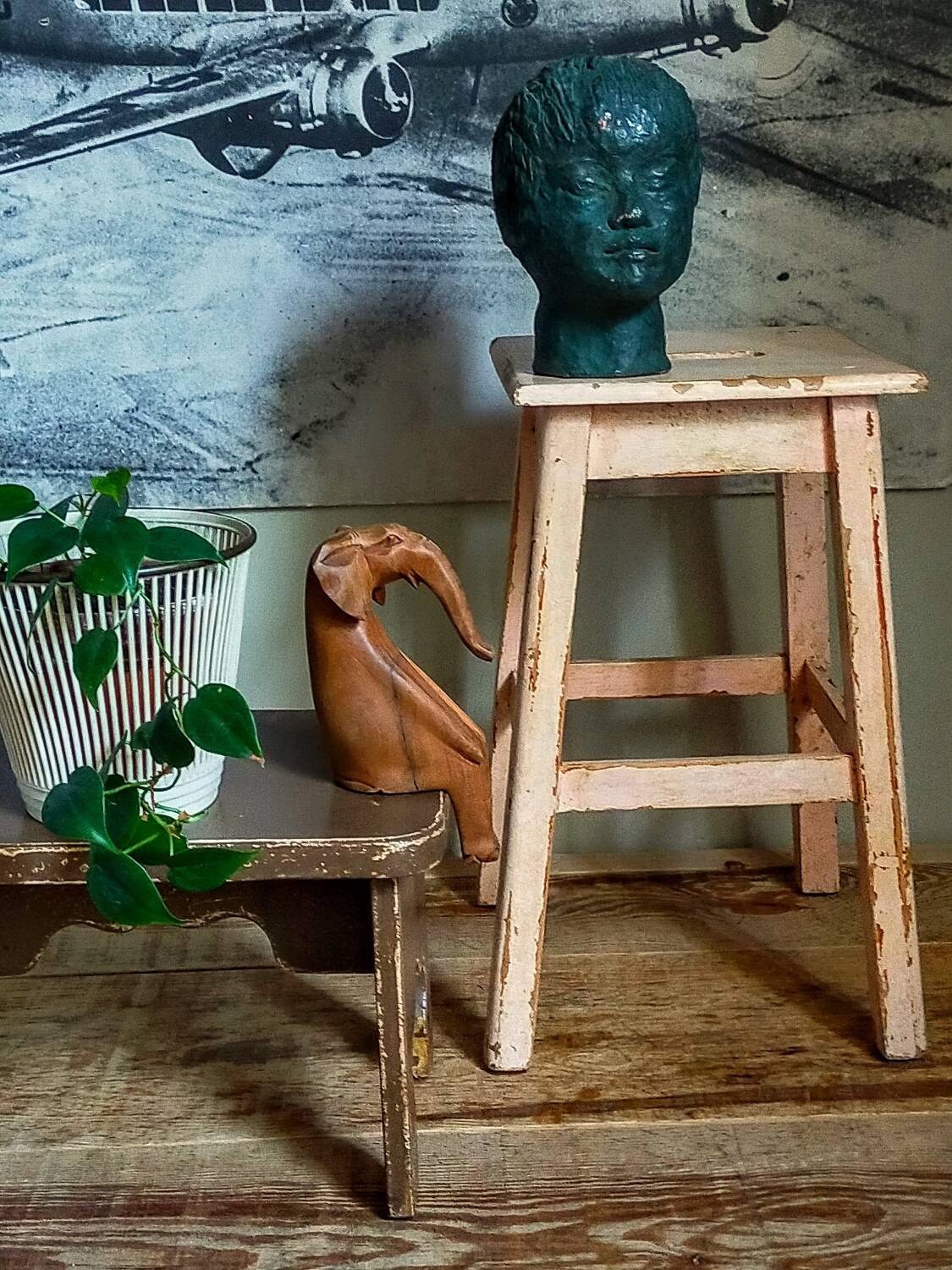 Antique workshop stool in patinated solid wood