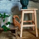 Antique workshop stool in patinated solid wood