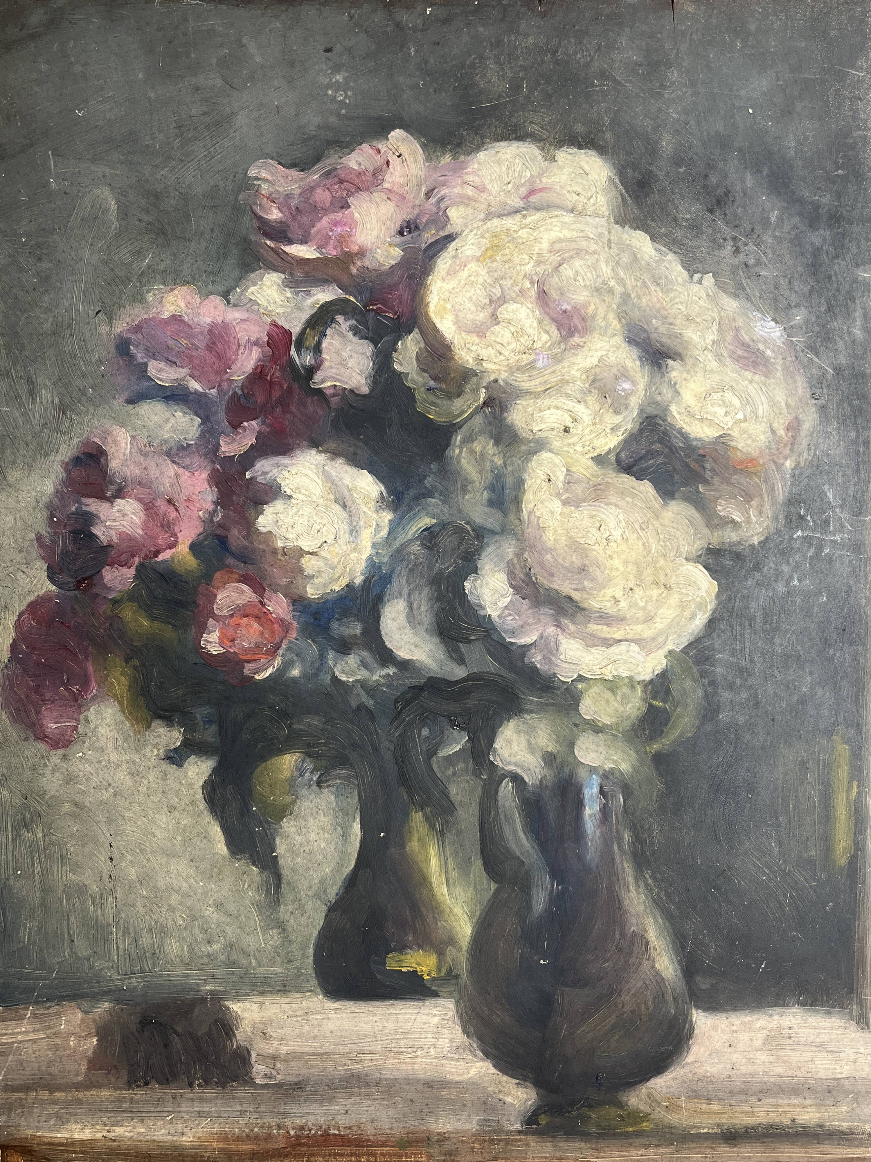 Oil on panel still life bouquet signed early 20th century.