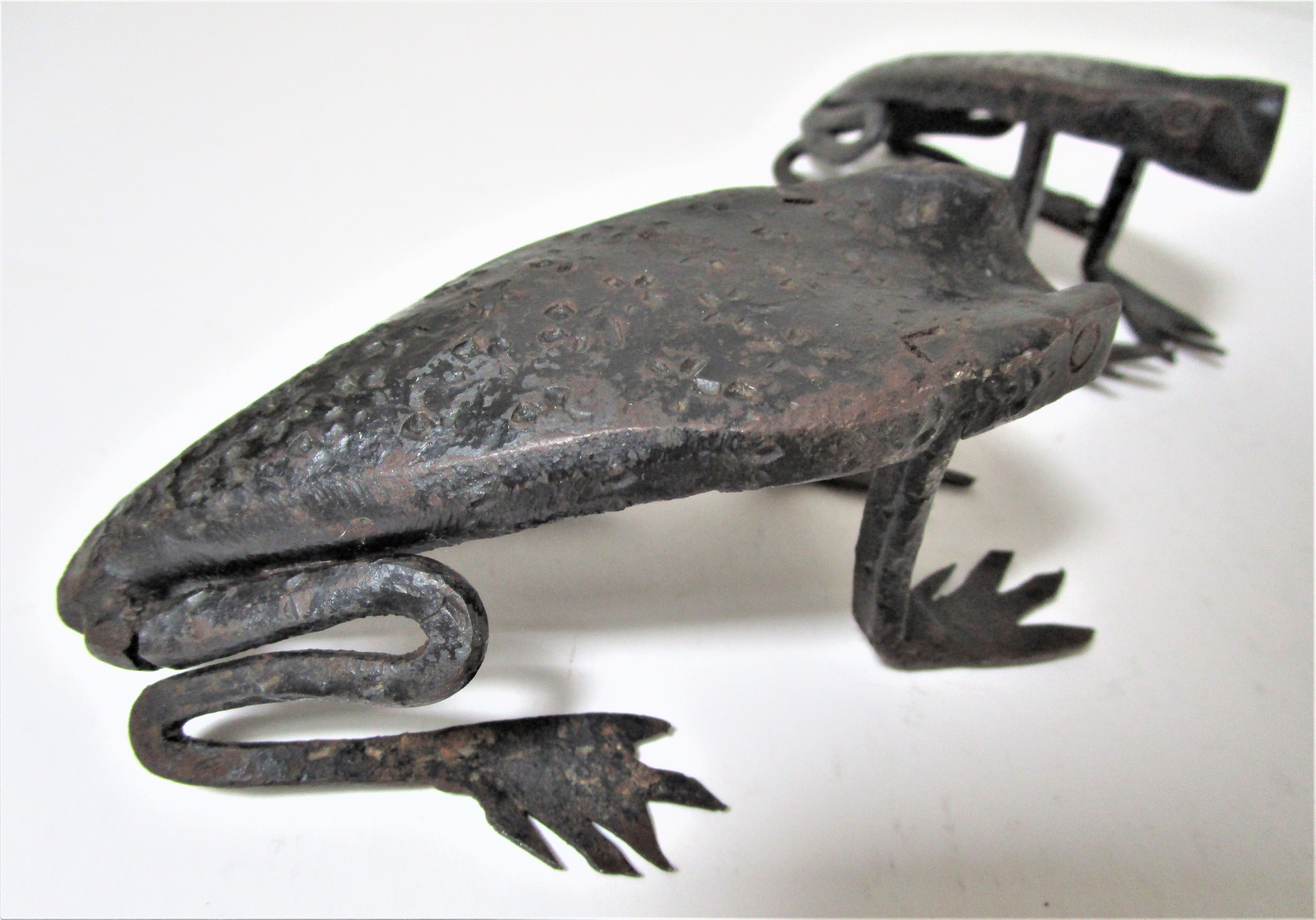 Two metal clipboard frogs patinated vintage brutalist