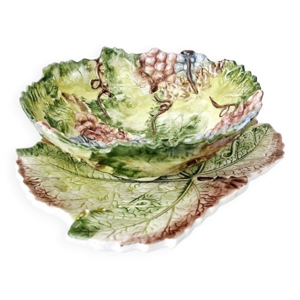 Saladier Egouttoir Vintage Signé GV En Barbotine Raisin Feuille De Vigne — Beyit