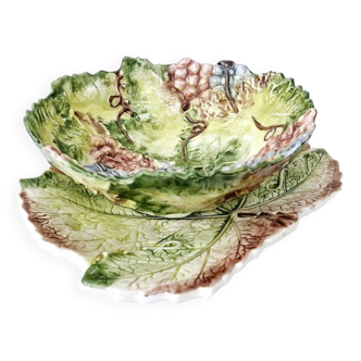 Vintage Draining Salad Bowl Signed GV In Grape Vine Leaf Barbotine