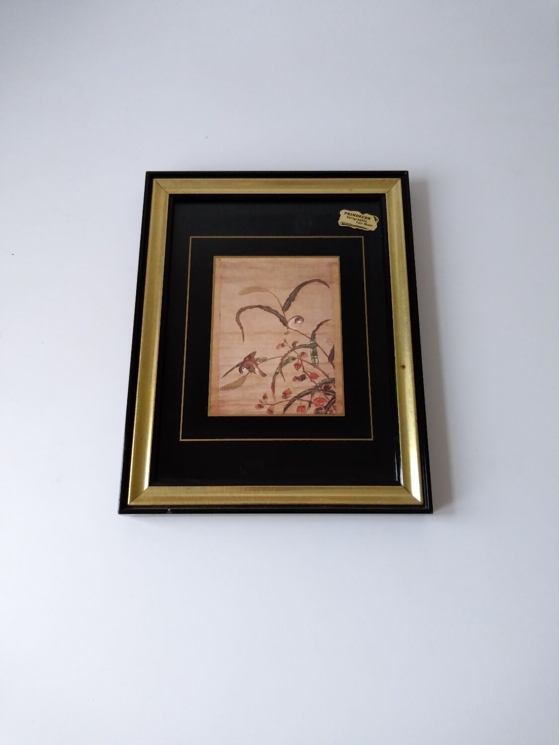 Frame decoration birds black and gold handmade screen printing France
