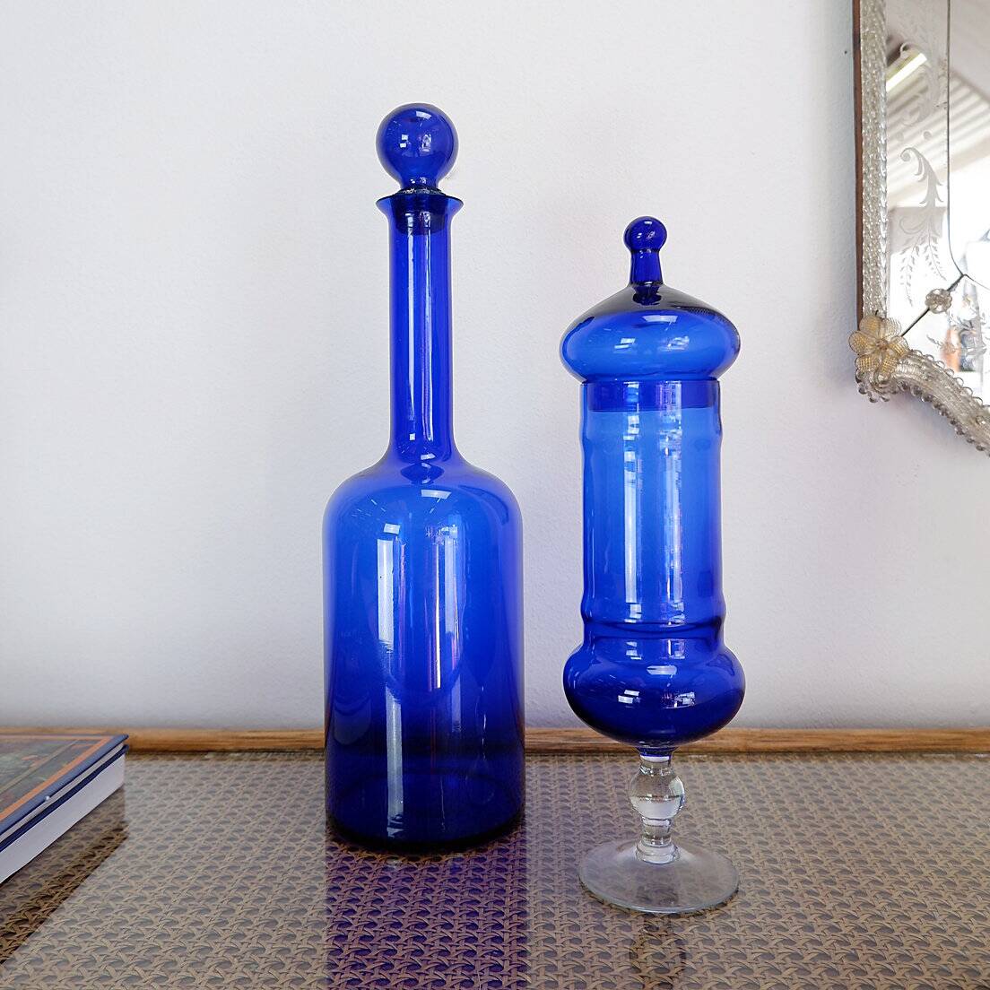 Blue glass carafe and candy box
