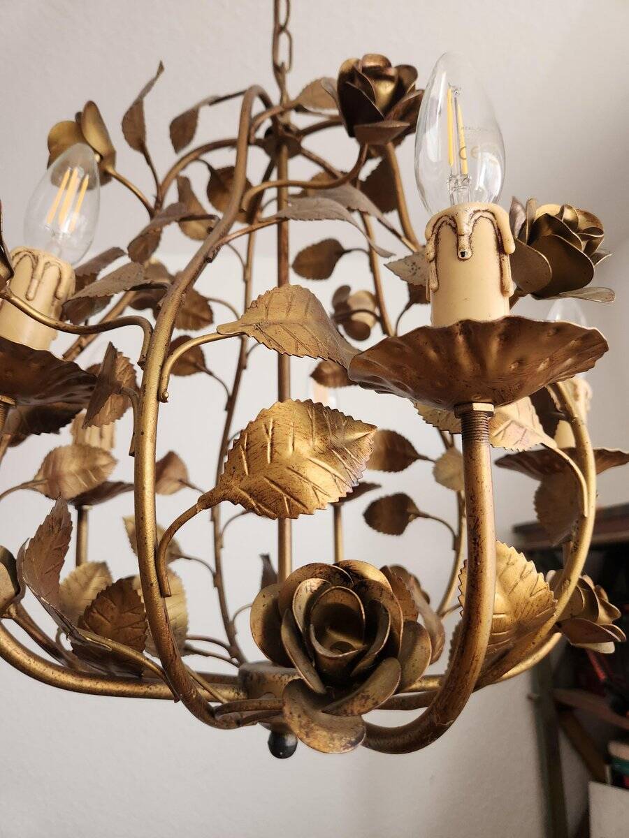 Hollywood Regency 4-light floral chandelier gilt with roses Italy 1960-1970