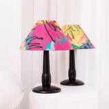 Pair of Memphis Pop Art Table Lamps, Multicolored Fabric Shades, Black Lacquered Bases - Belgian Massive, 1980s