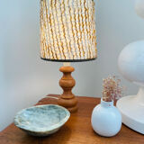 Vintage foot light wood table lamp and wool lampshade