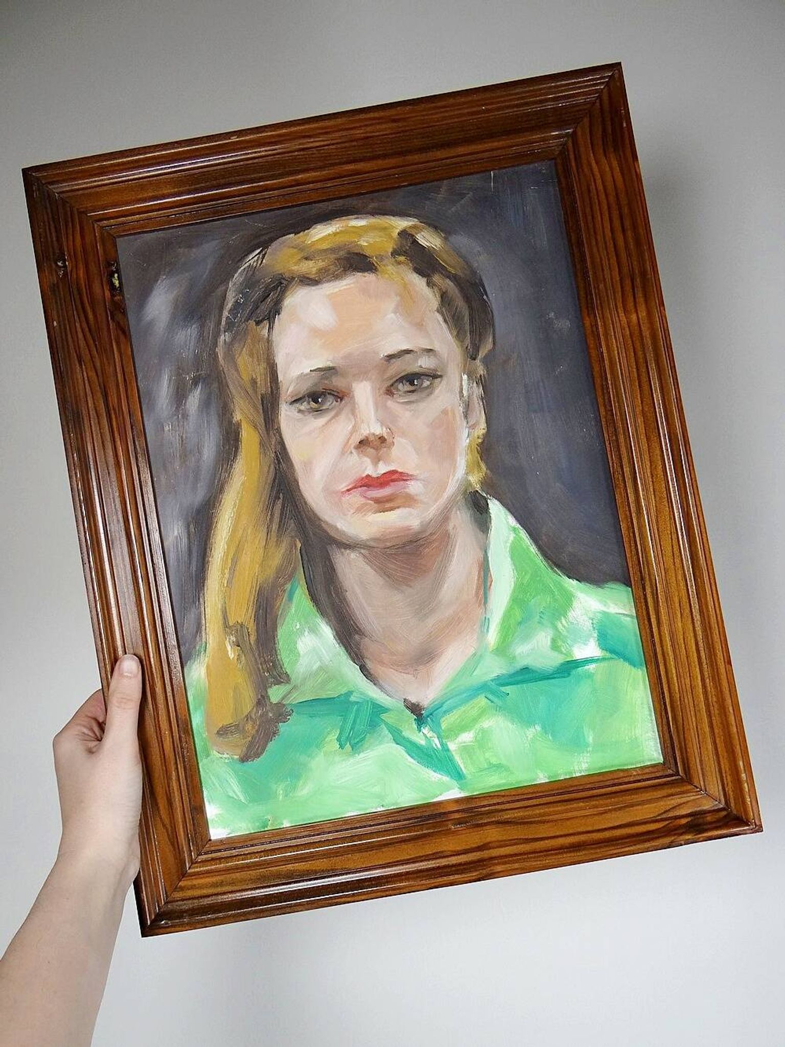Portrait "The Woman in Green" vintage oil on canvas board framed
