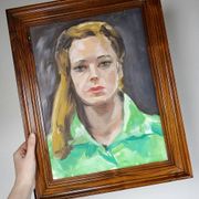 Portrait "The Woman in Green" vintage oil on canvas board framed