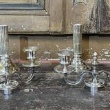 Pair of 2-branched candlesticks in silver metal