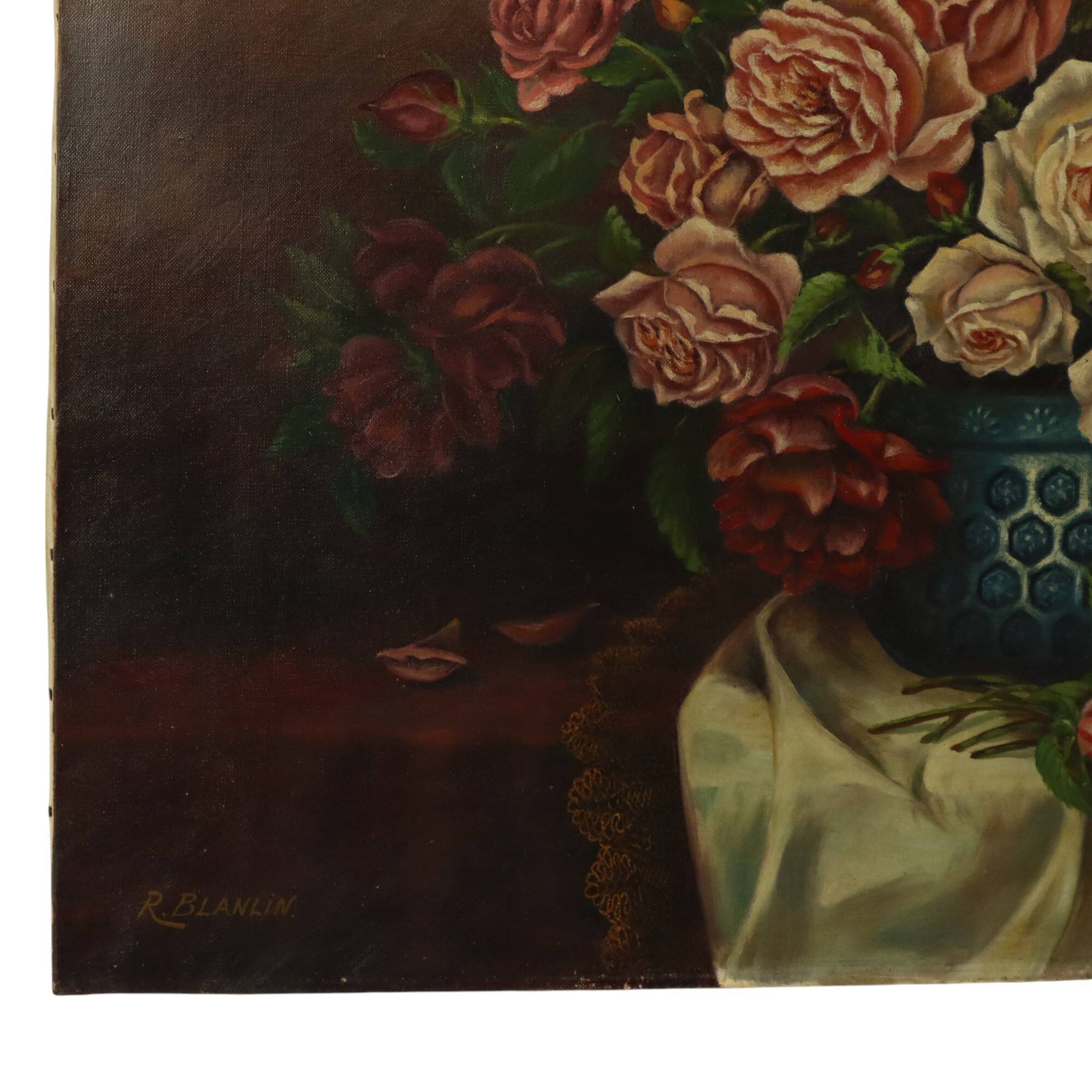 Large Floral Still Life Painting Roses Bouquet Signed R. Blanlin