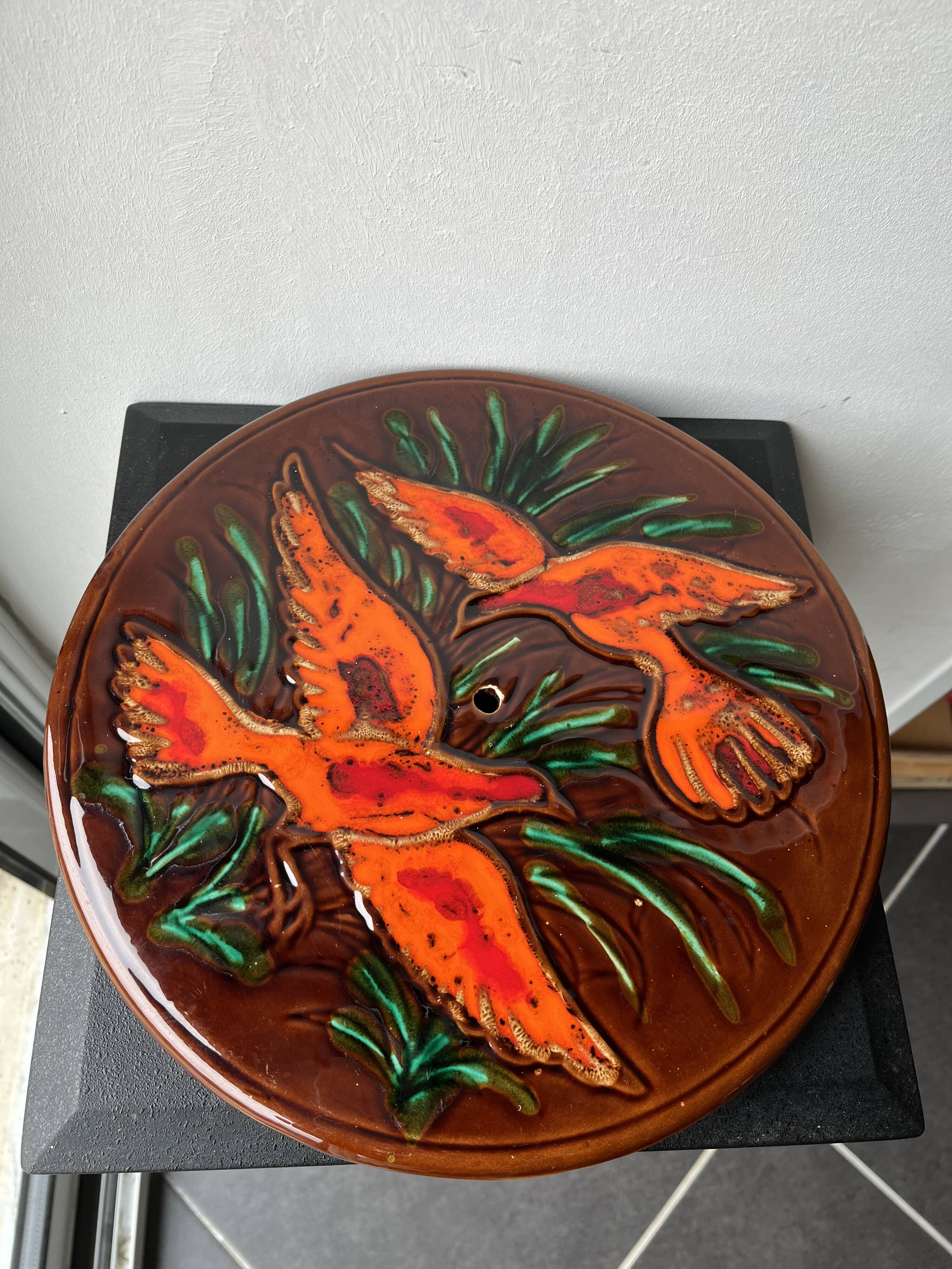 plateau à fromage Vallauris decors oiseau orange