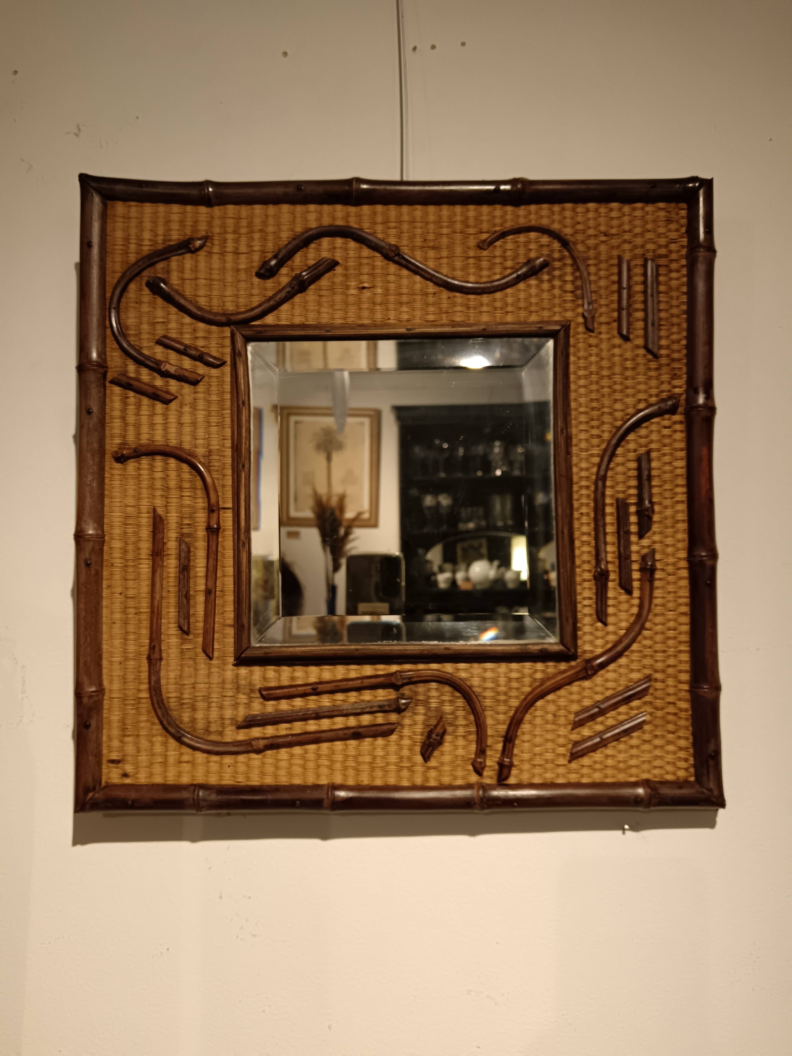2-tone beveled square wood and rattan mirror