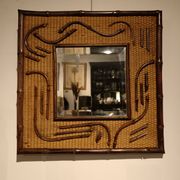 Miroir bois et rotin carré biseauté 2 tons