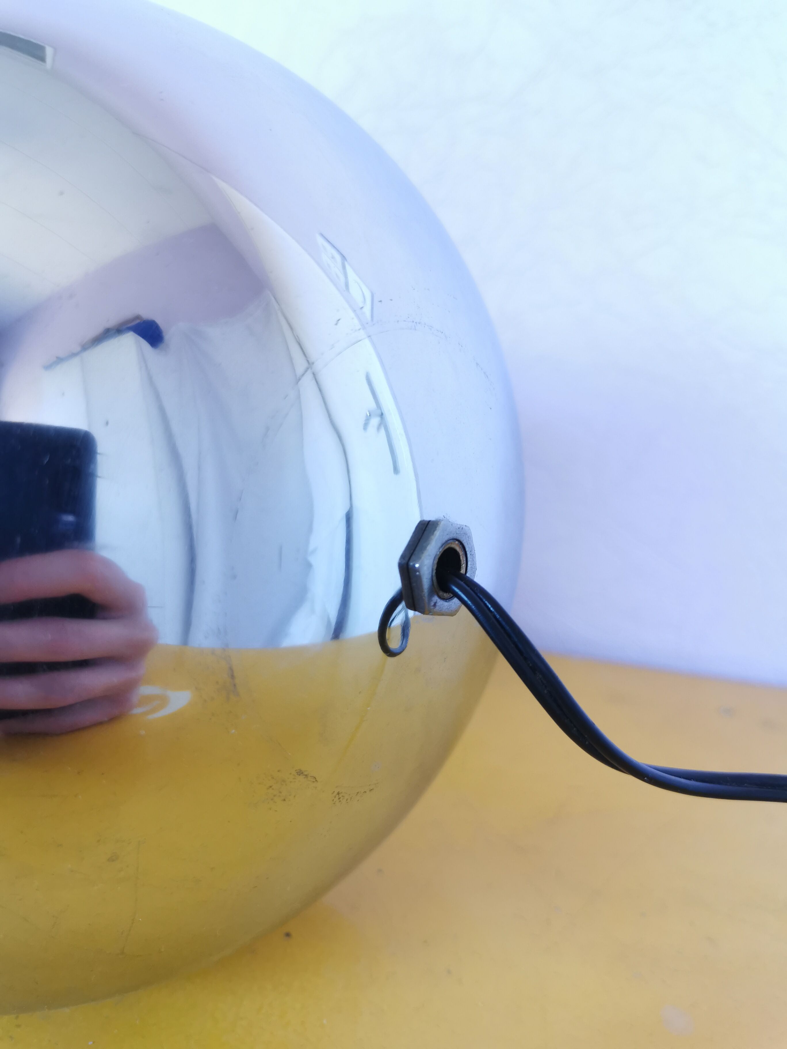 Lamp molecule, two balls, globe in opaline and stainless steel, 1970