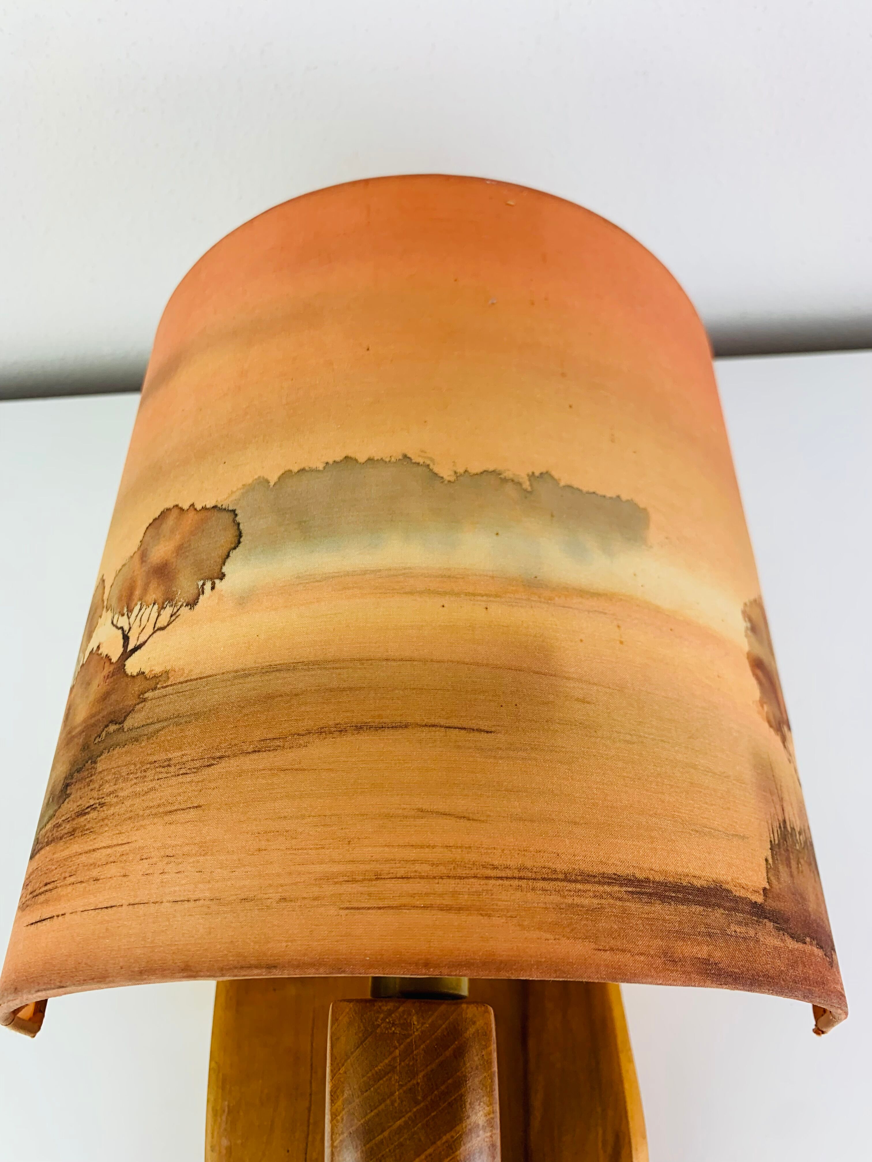 Wooden wall lamp and silk lampshade, vintage, 1960s.