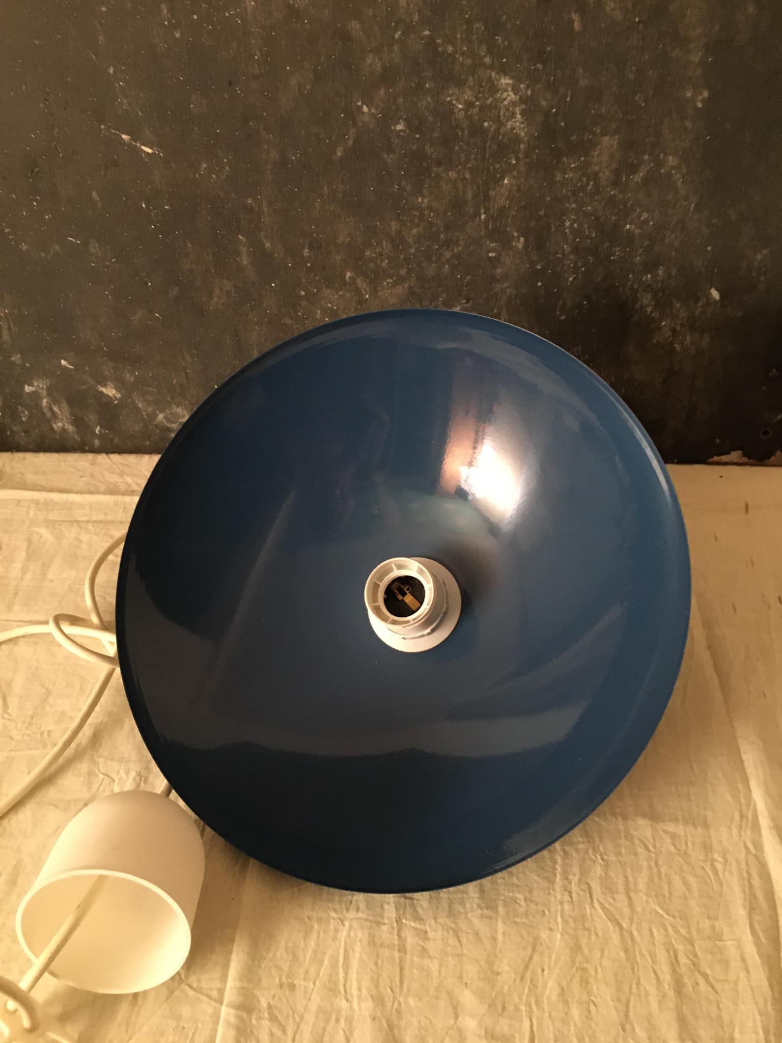Suspension lamp with blue metal conical lampshade and white standard cord