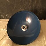 Suspension lamp with blue metal conical lampshade and white standard cord
