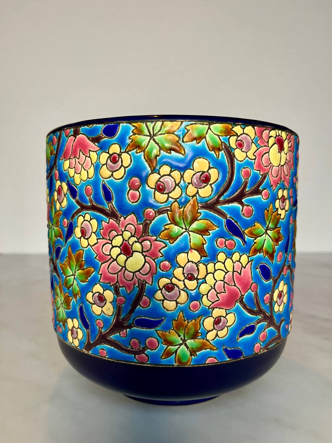 Longwy enamel cachepot, royal blue cloisonné decoration (16 cm)