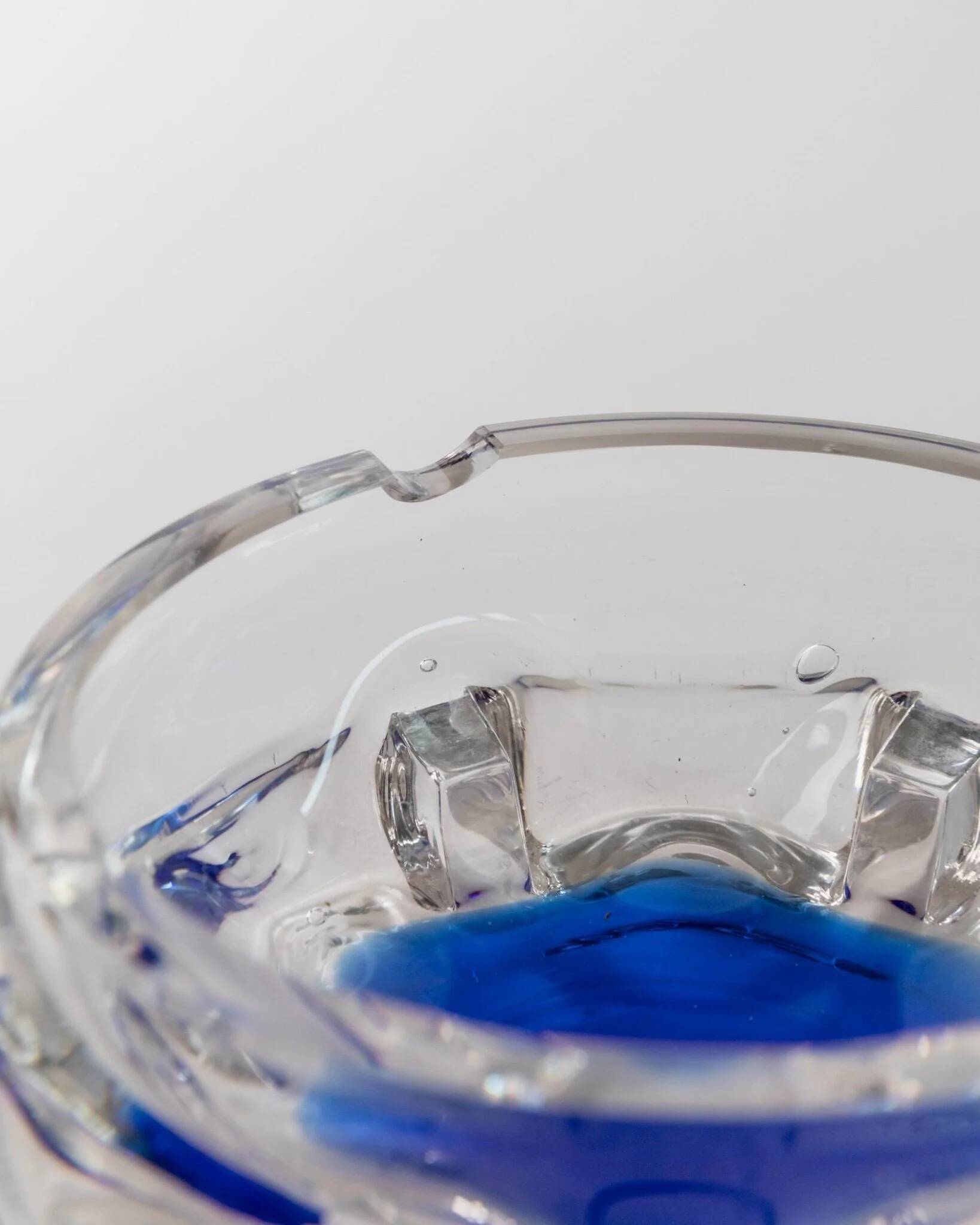 Vintage Murano Glass Ashtray: clear glass with cobalt-blue bubble, mid-century Italian design