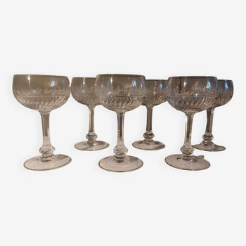 6 old white wine glasses - Engraved, cut crystal