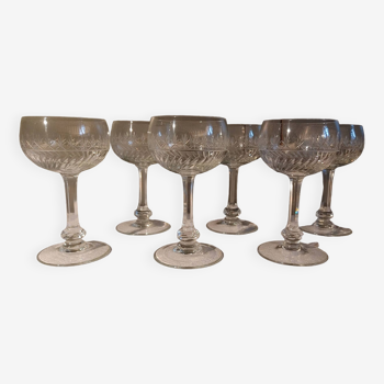 6 Verres à vin blanc anciens - Cristal gravé, taillé