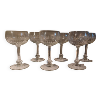 6 old white wine glasses - Engraved, cut crystal