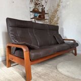 Scandinavian 3-seater teak and leather sofa
