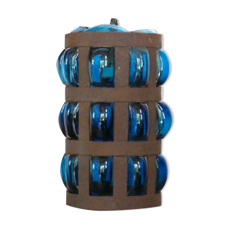 Blue blown glass and metal pendant light, 1970s
