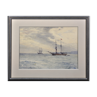 Aquarelle encadrée, Barques scandinaves, baie de Lyme, Charles Adderton 1866-1944