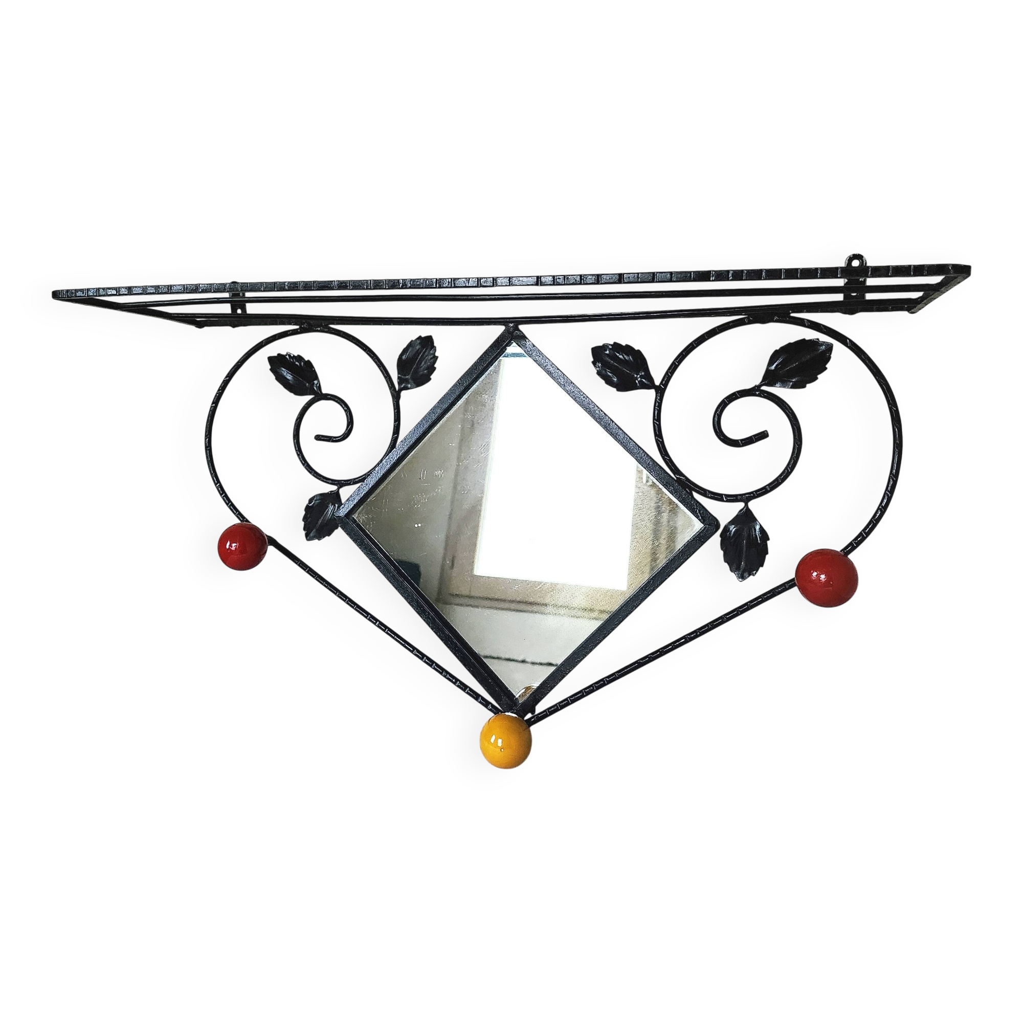 Coat rack, hat rack, wrought iron, 3 wooden balls