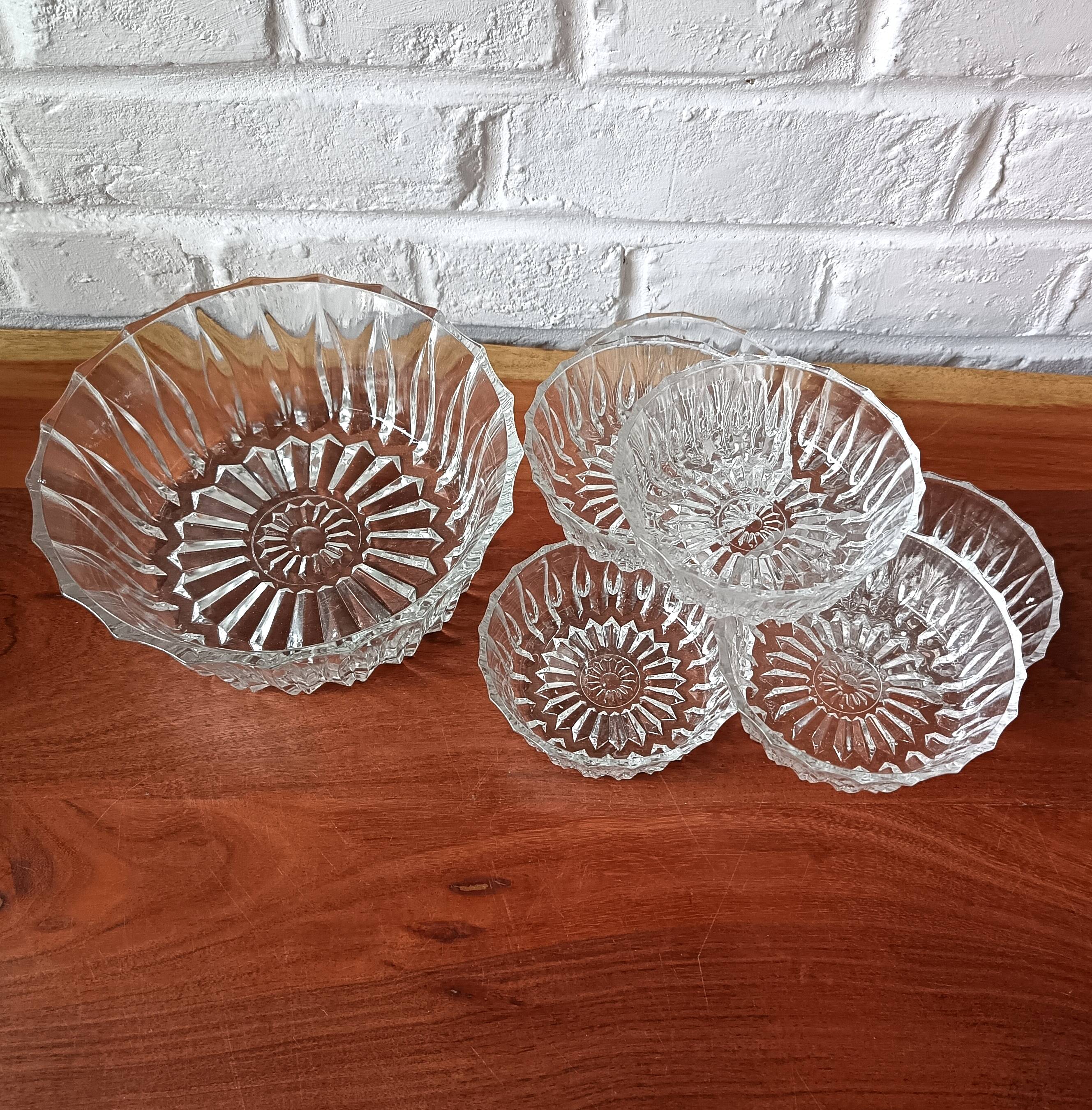 Vintage glass dessert service, bowls and serving dish.