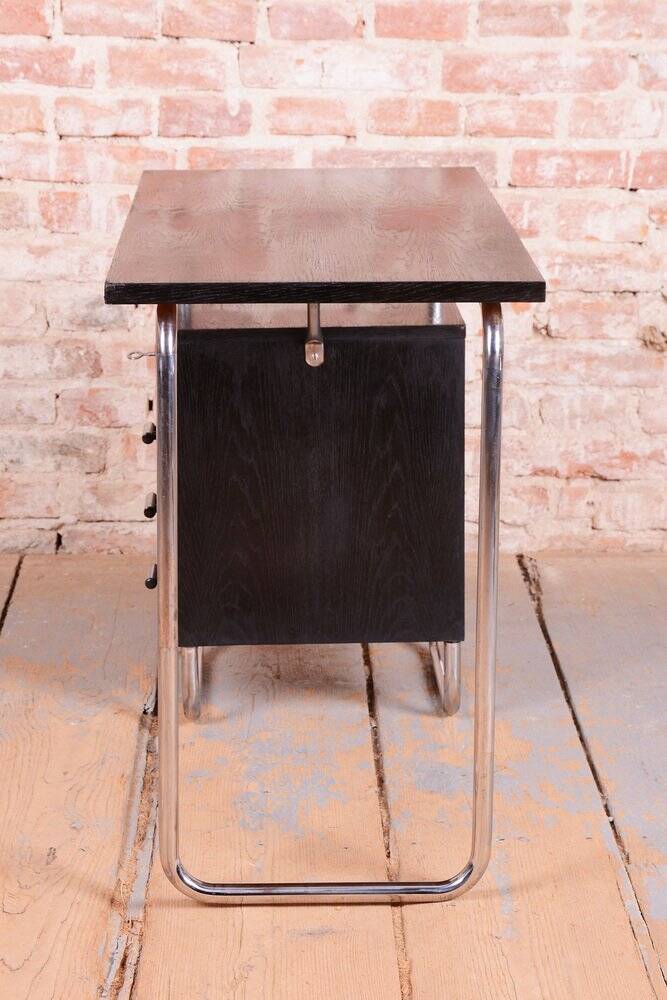 Bauhaus Writing Desk in Oak and Chromed Steel by Robert Slezák, Czech, 1930s