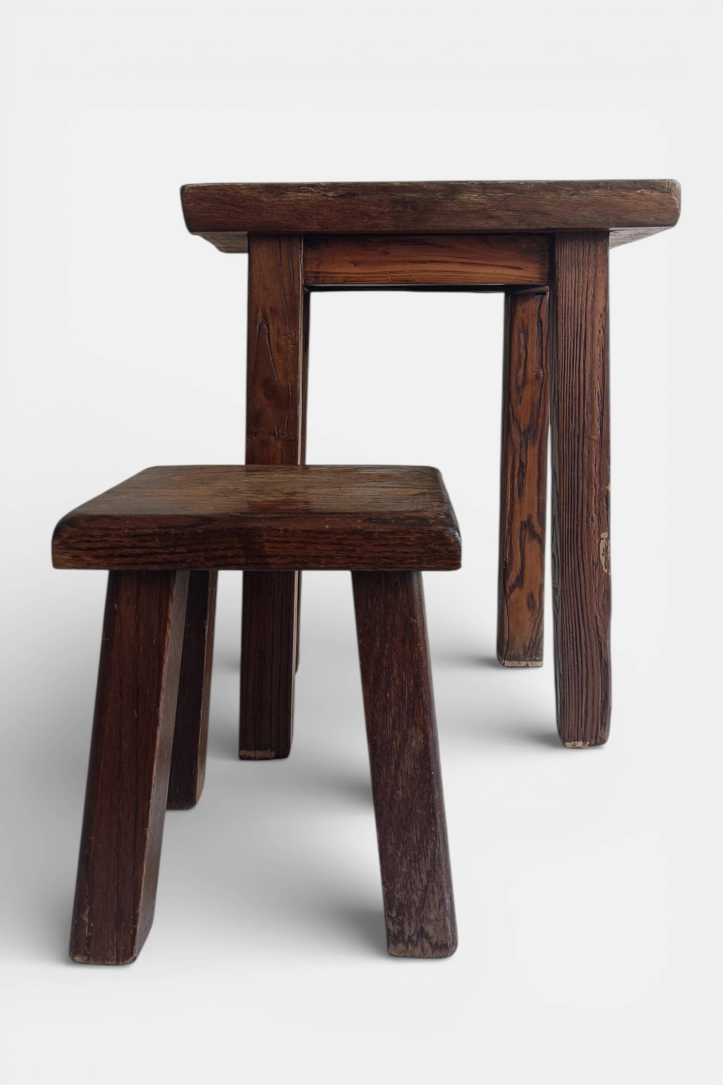 Vintage Rustic French Oak Stool in Pierre Chapo Style, Early 20th-C