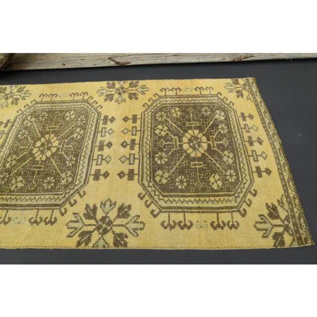 1970s Turkish Oushak Handmade Wool Cotton Yellow Runner 76x302