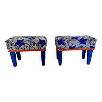 Set of 2 revamped vintage poufs – decorative fabric & satin paint