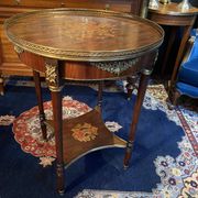 Bouillotte table pedestal table with marquetry decoration and bronze ornaments in the Louis style
