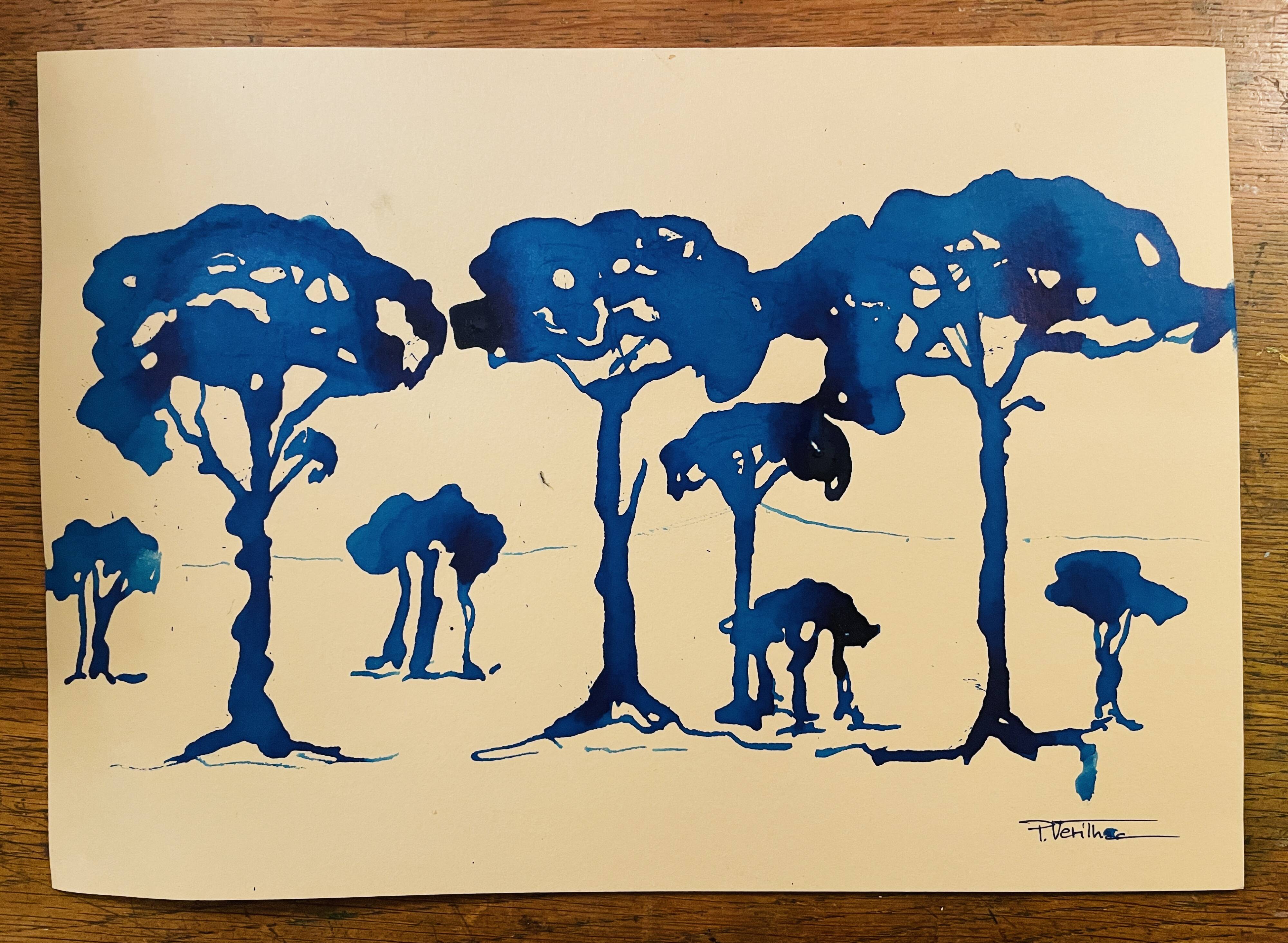 Painting, monochrome watercolor "Twilight over the Pine Forest" Provence, signed