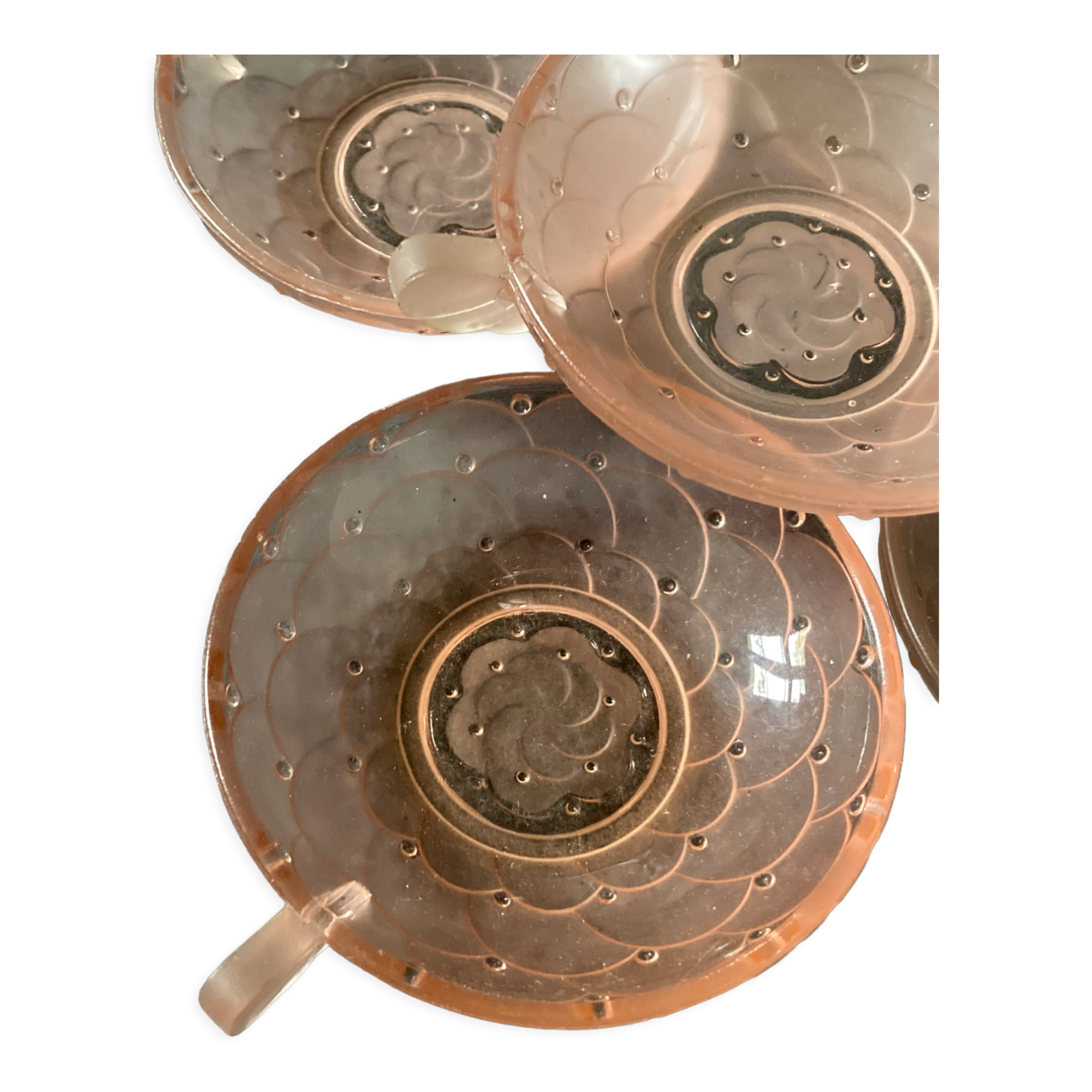 5 art deco cups pink old glass