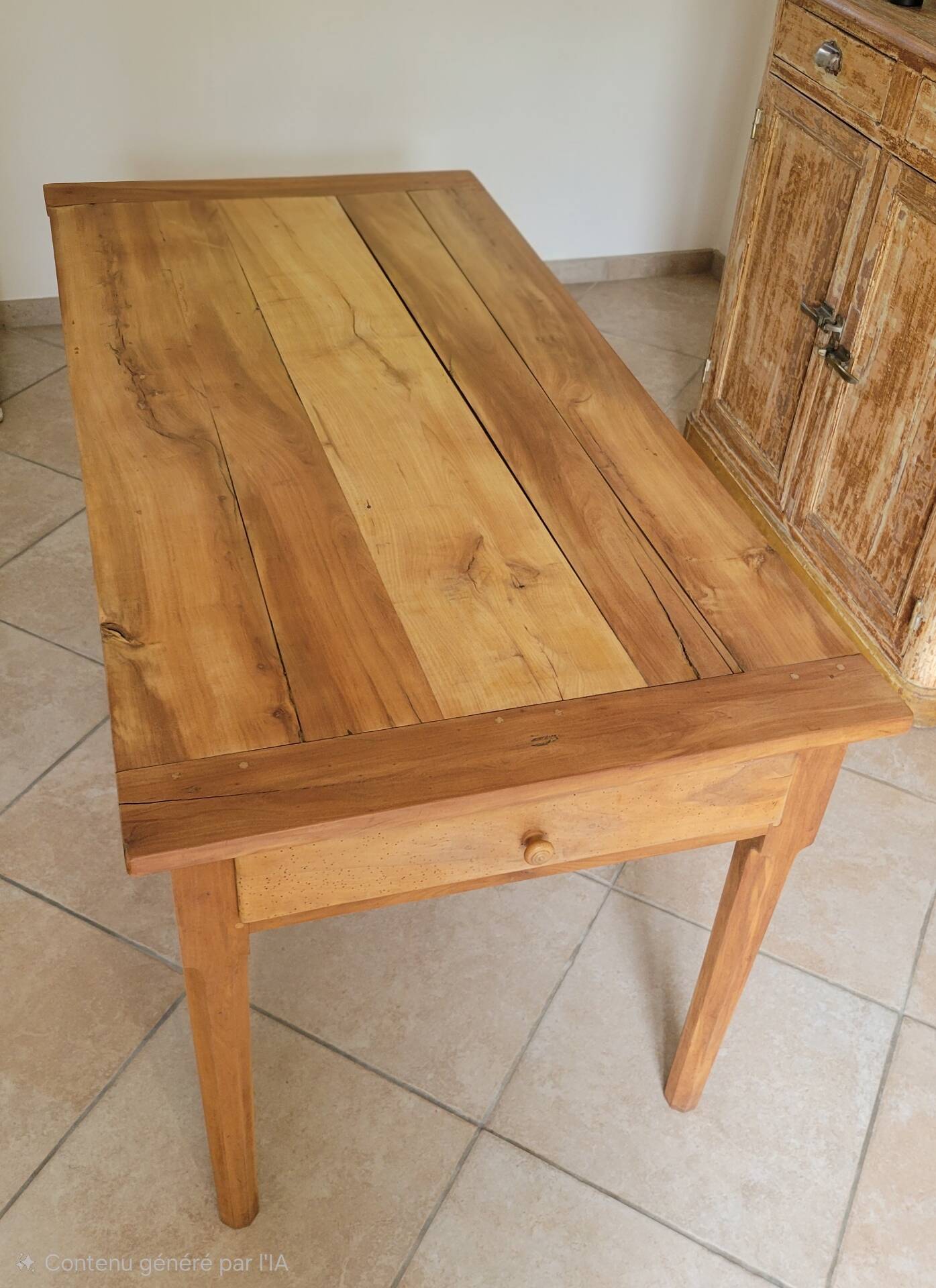 Old farmhouse table made of solid walnut wood.