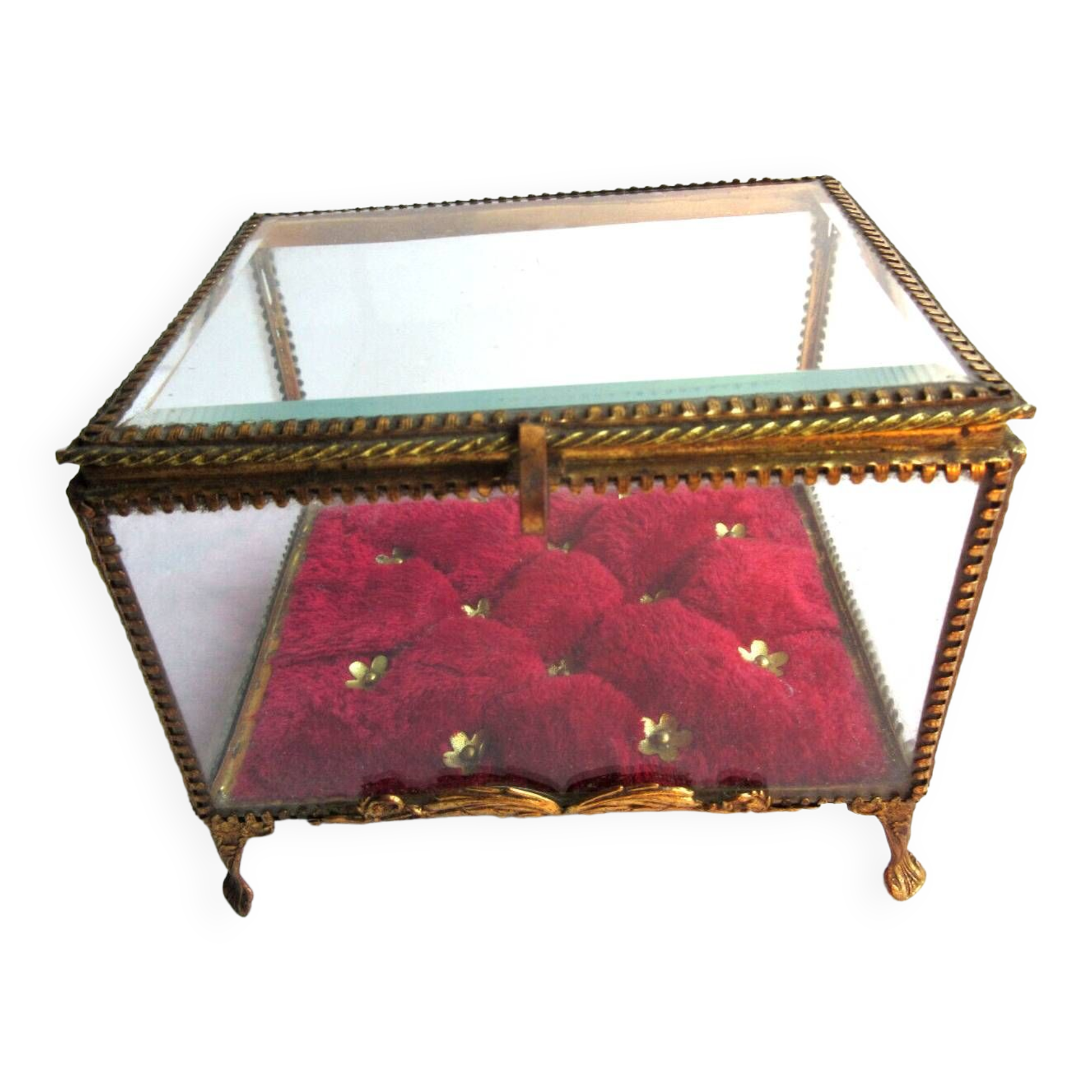 Napoleon III jewelry box, beveled glass and gilded brass, red padded, 4 feet