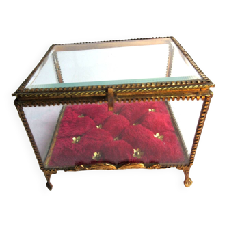 Napoleon III jewelry box, beveled glass and gilded brass, red padded, 4 feet