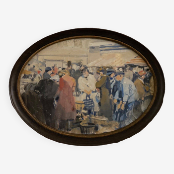 Oil on wooden panel 20th century Breton market scene by Lhermitte