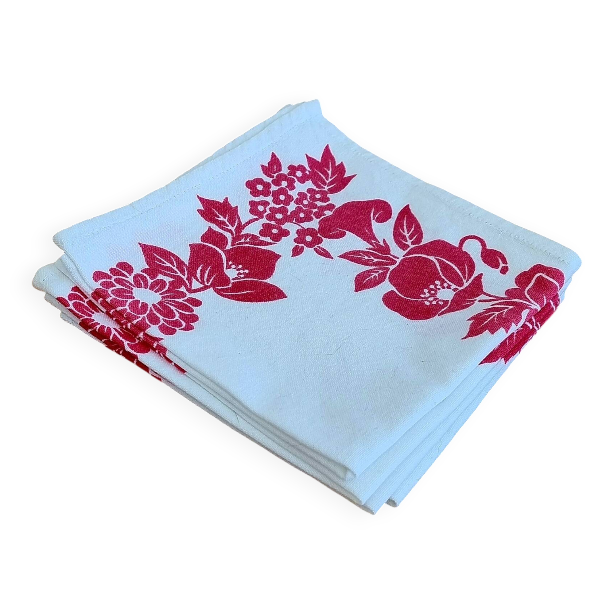 Set of 4 vintage white table napkins with pink flowers.