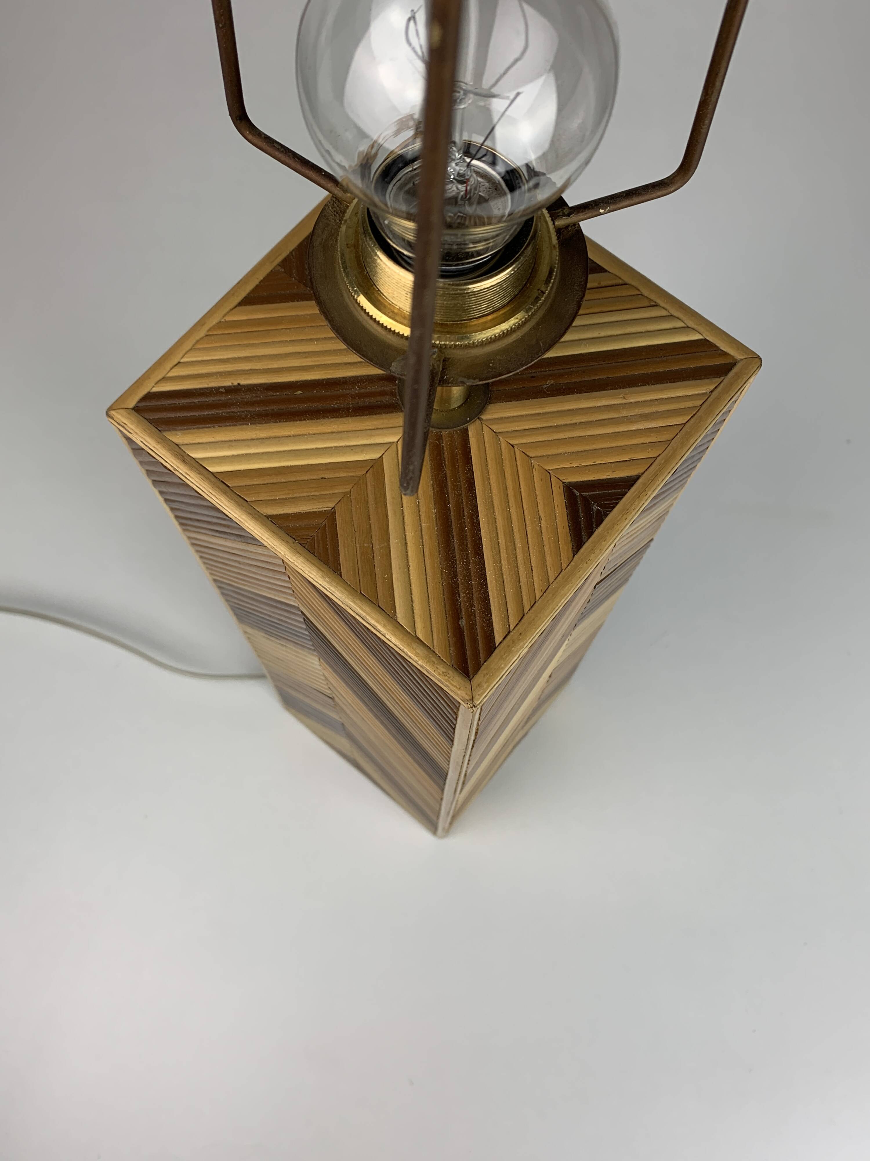 Midcentury pencil reed rattan bamboo and brass table lamp, 1970s
