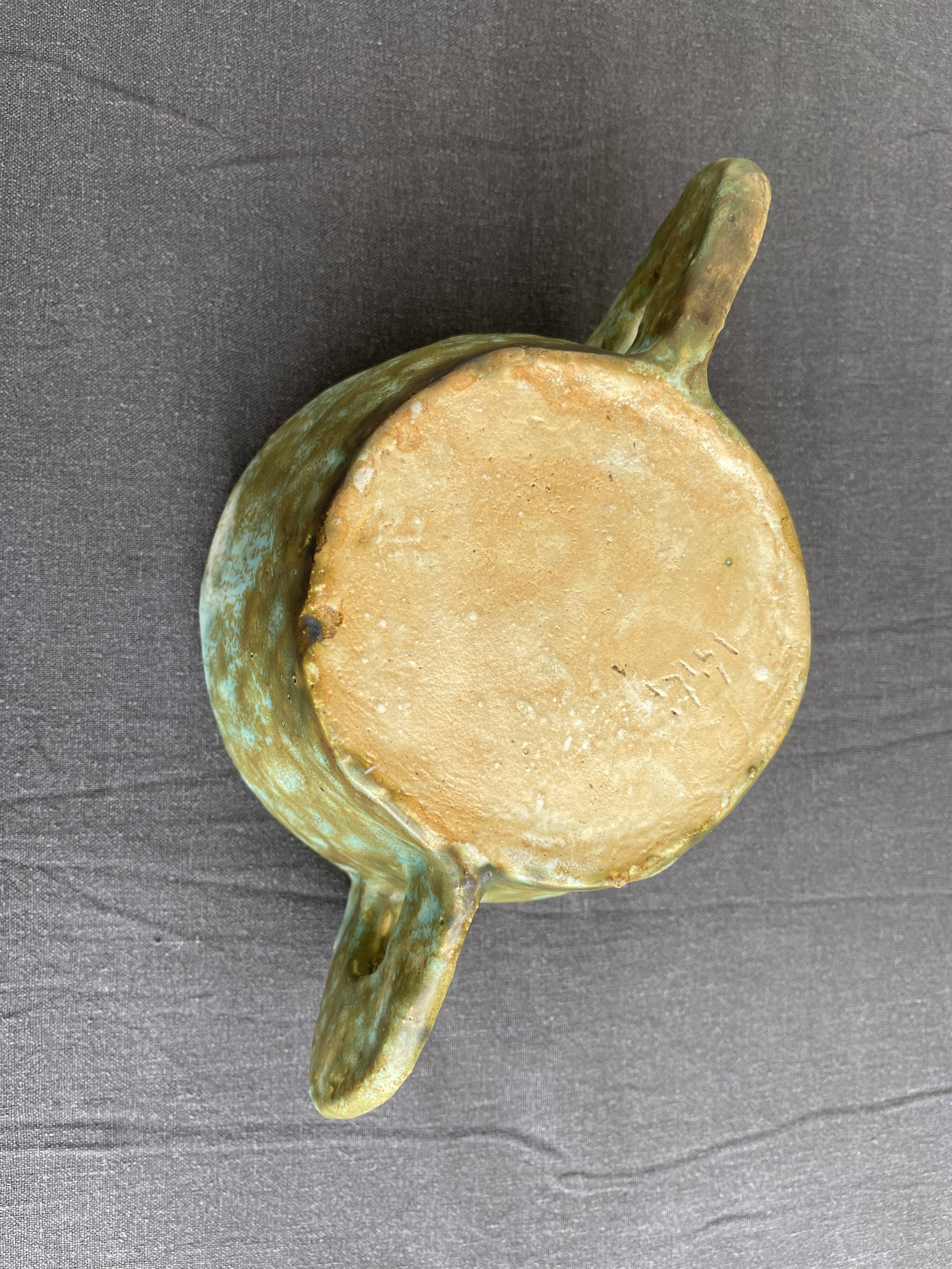 Stoneware bowl with handles, signed handmade ceramic.