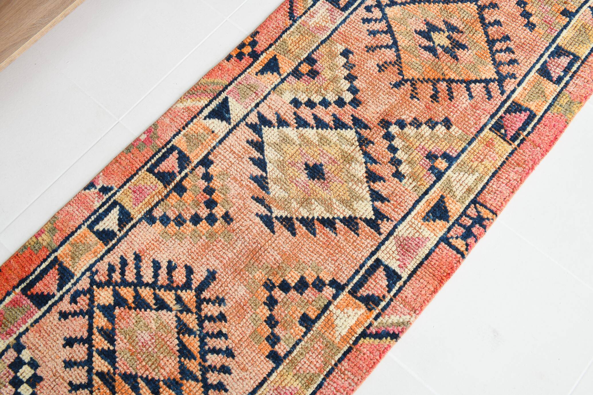 Navy Blue & Orange Vintage Runner Rug, 79x395Cm